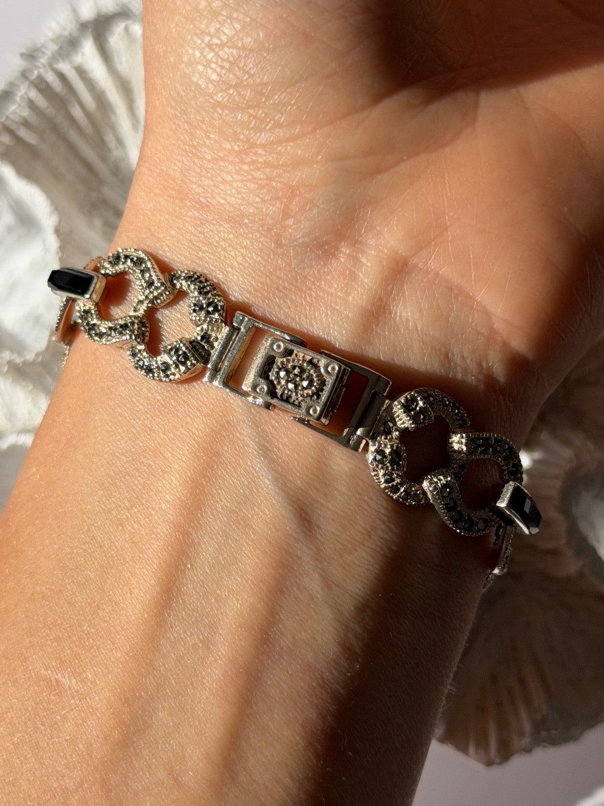Vintage 925 Sterling Silver Onyx & Marcasite Bracelet