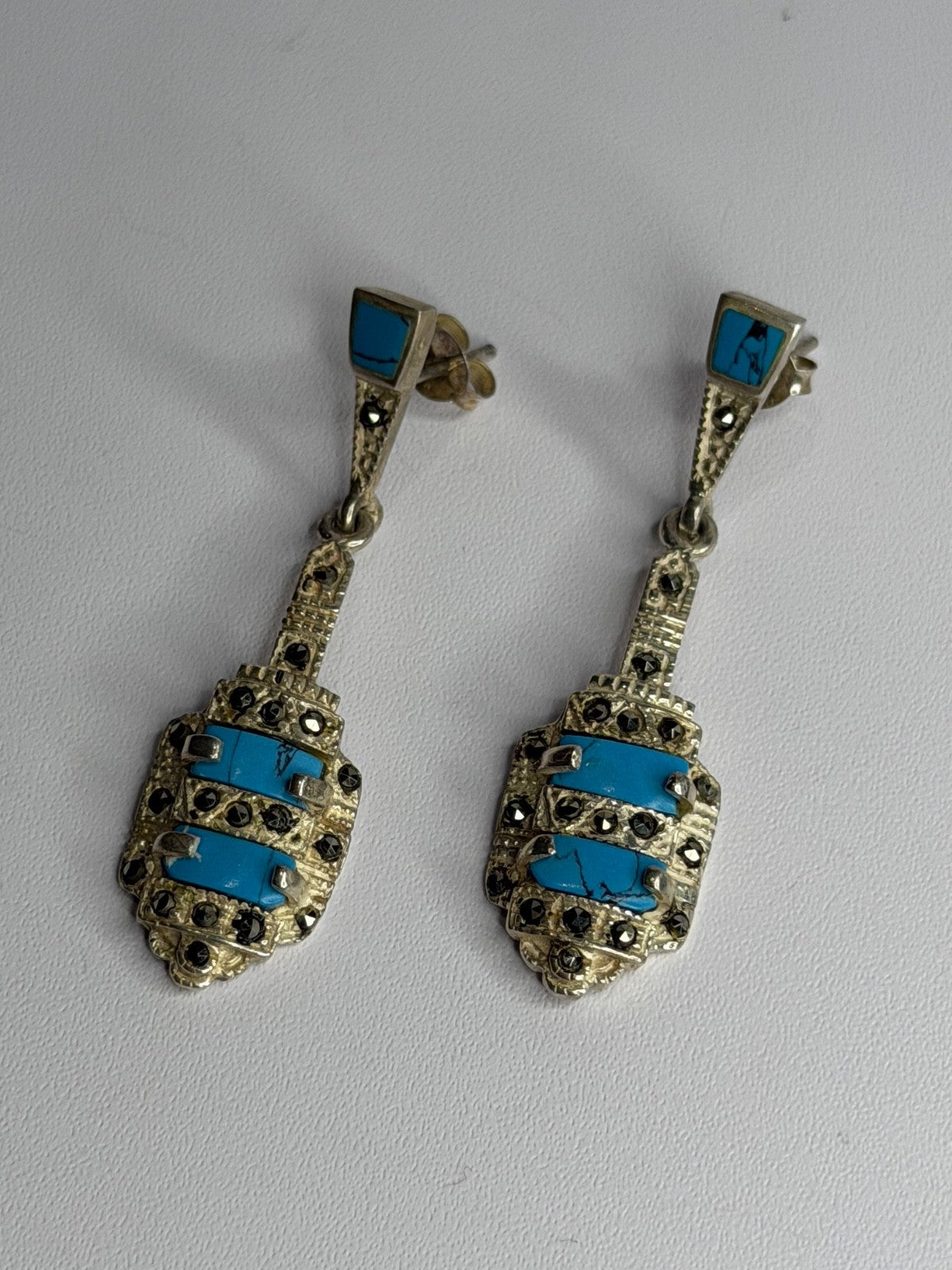 Vintage 925 Sterling Silver Turquoise & Marcasite Earrings