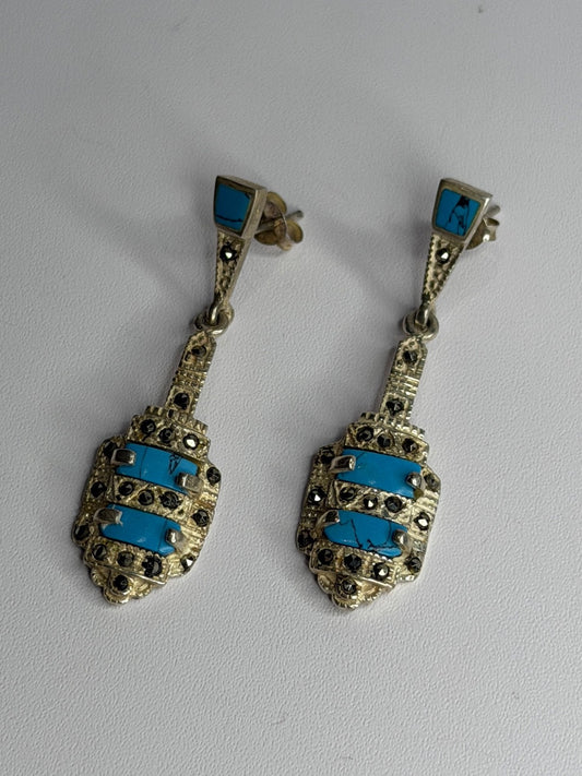 Vintage 925 Sterling Silver Turquoise & Marcasite Earrings