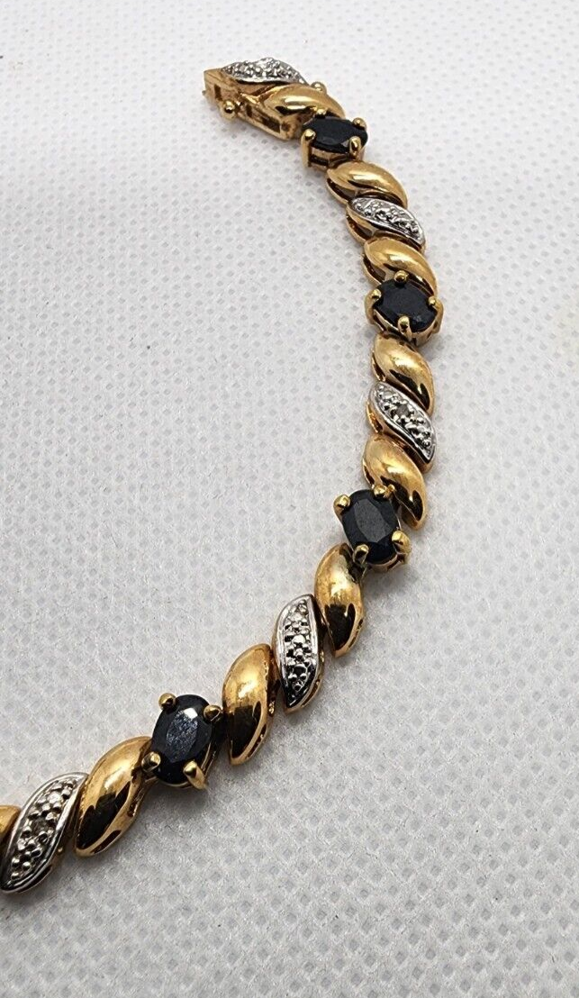 925 Sterling Silver Vermeil Sapphires AND Diamonds Bracelet Size 7.25 IN
