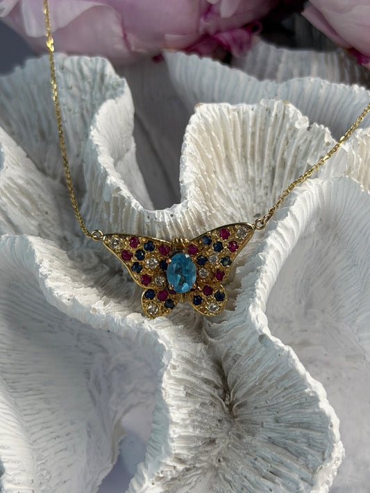 14K Yellow Gold Topaz Ruby Sapphire Diamond Necklace Butterfly