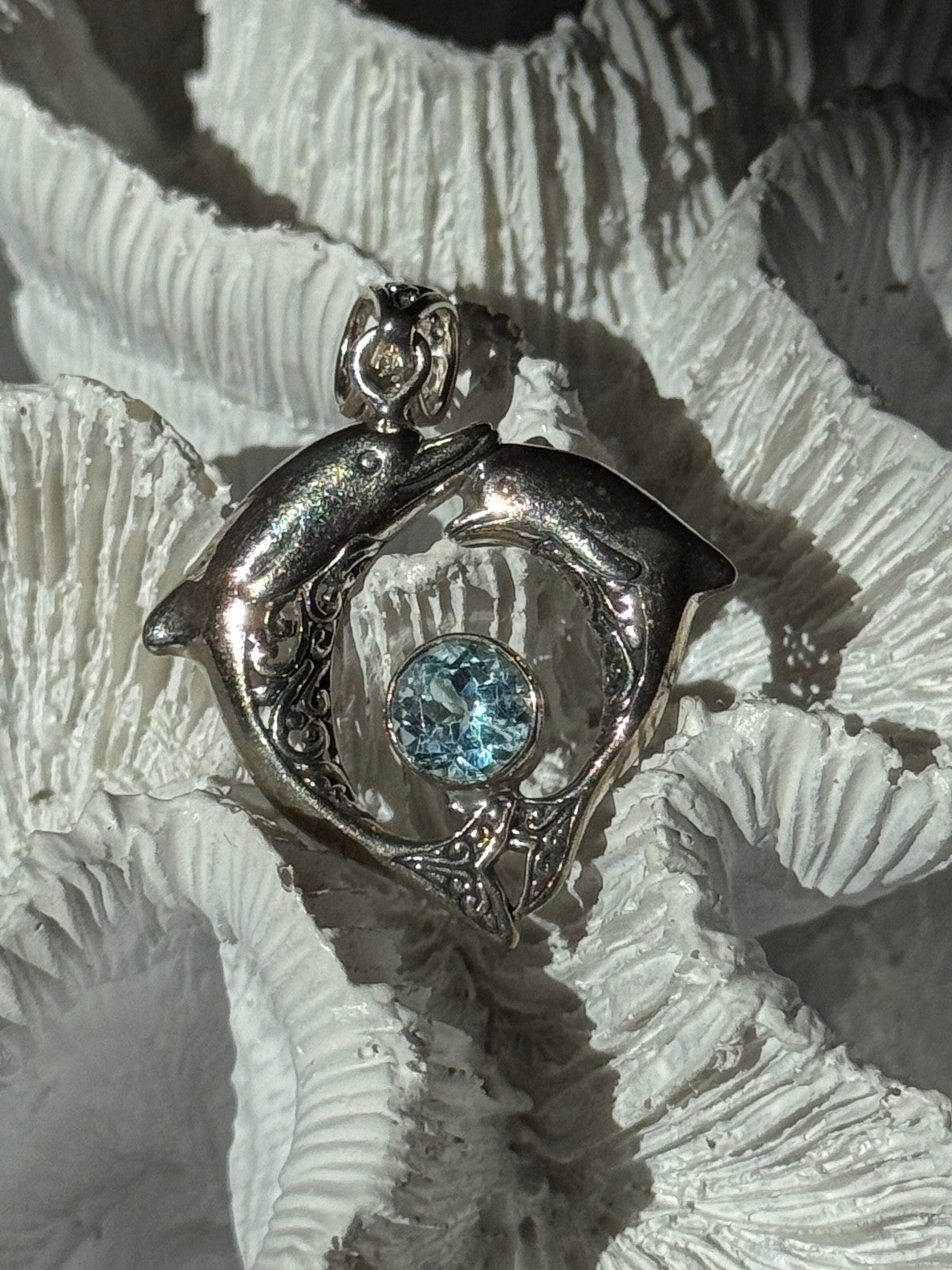 925 Sterling Silver Dolphins Topaz Pendant