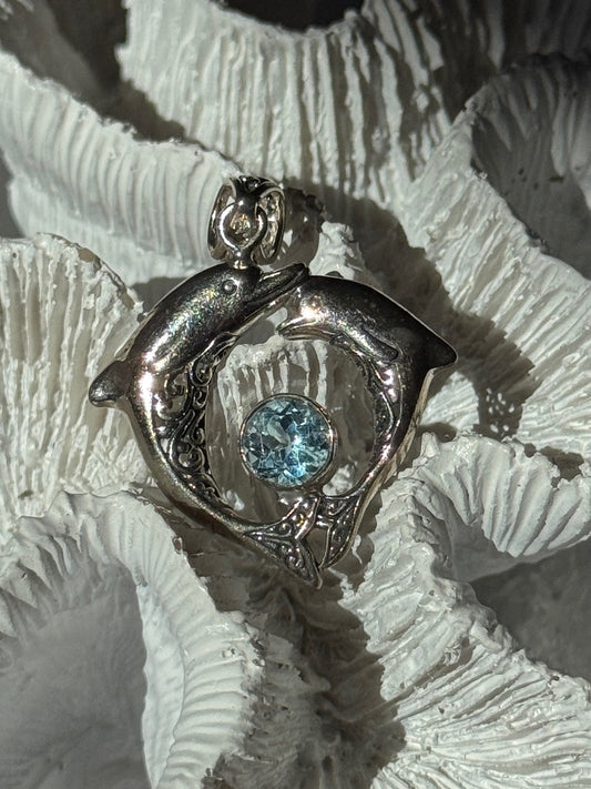 925 Sterling Silver Dolphins Topaz Pendant