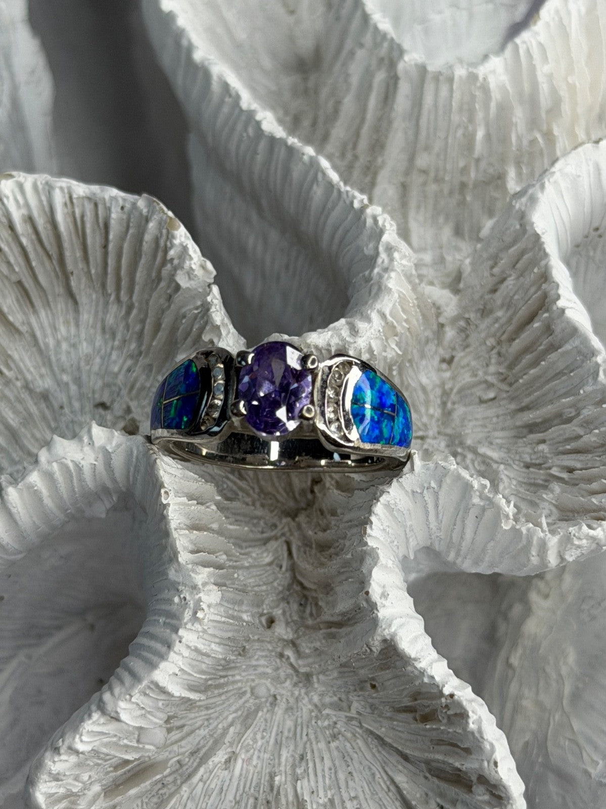 AK 925 Sterling Silver Amethyst & Opal & Beryl Ring Size 8