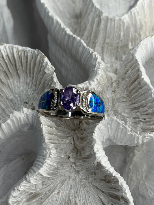 AK 925 Sterling Silver Amethyst & Opal & Beryl Ring Size 8