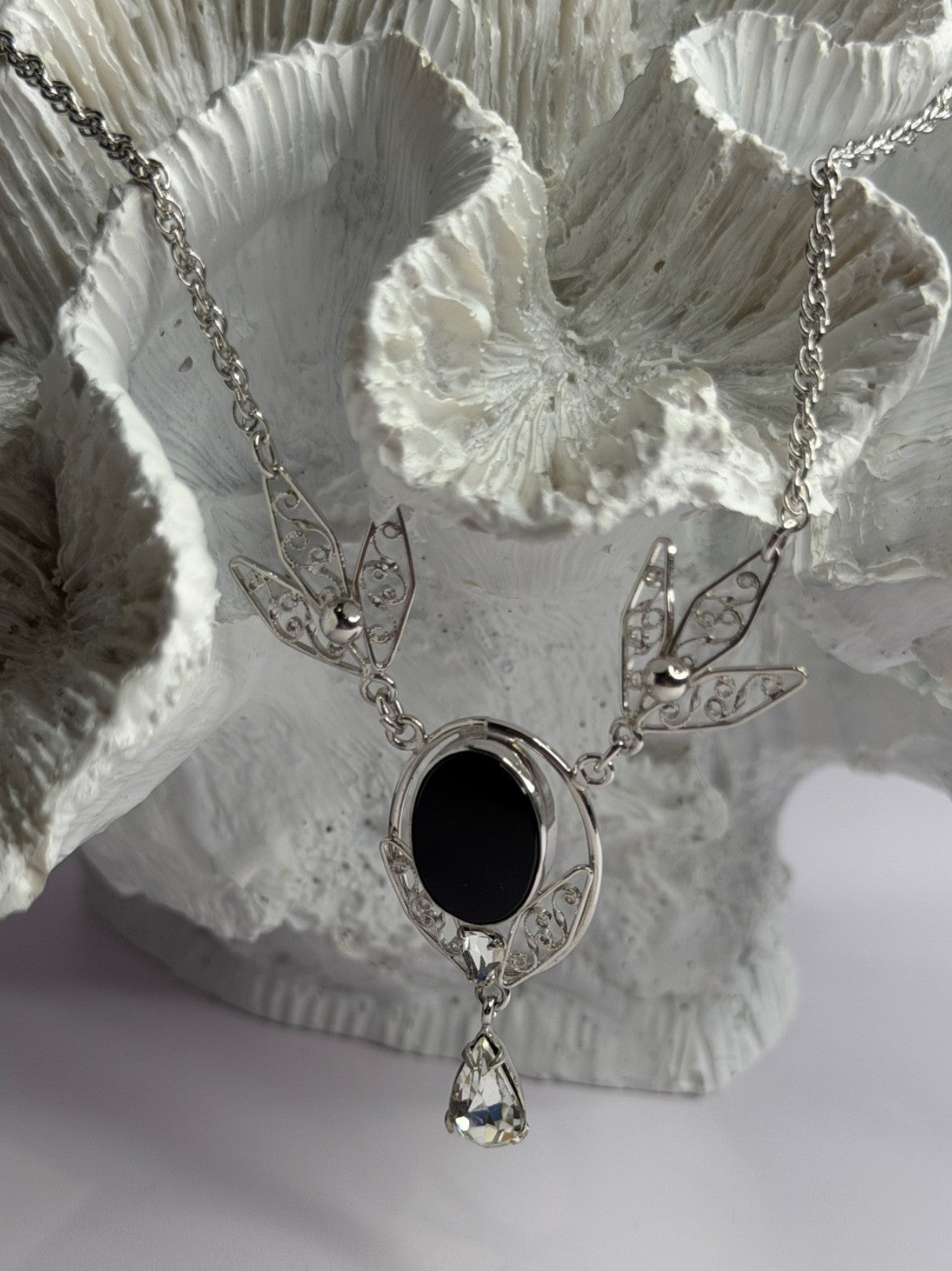 Elegant 925 Sterling Silver Onyx & White Sapphire Necklace