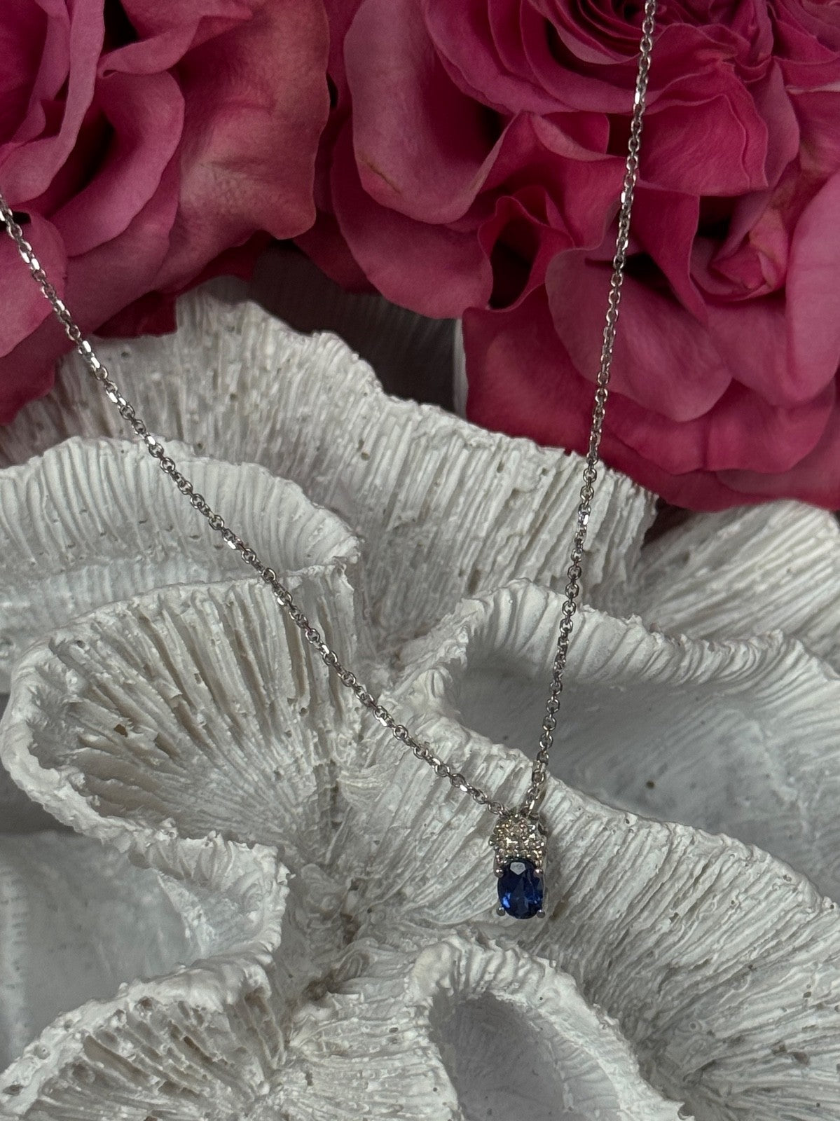 14K White Gold Chain & 10K White Gold Pendant Sapphire & Diamond