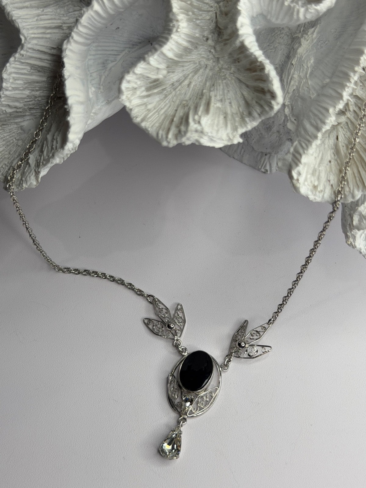 Elegant 925 Sterling Silver Onyx & White Sapphire Necklace