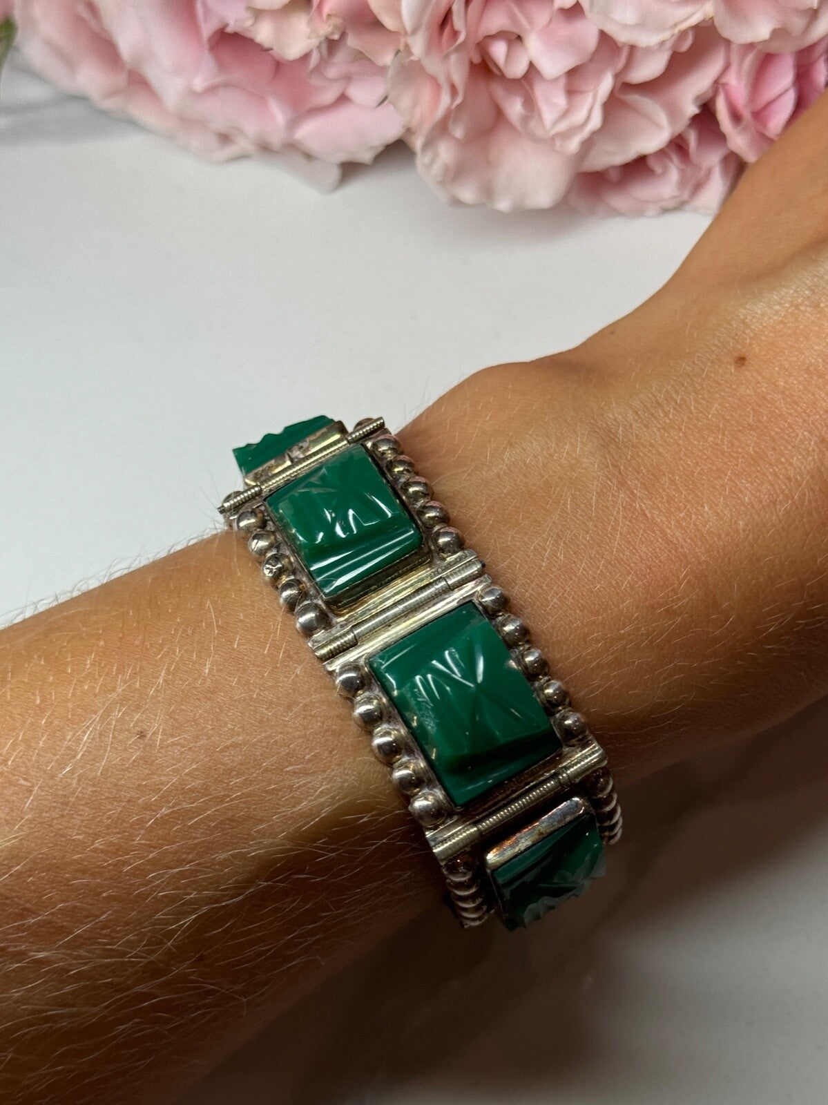 Vintage 925 Sterling Silver Green Jade Bracelet Length 7 in