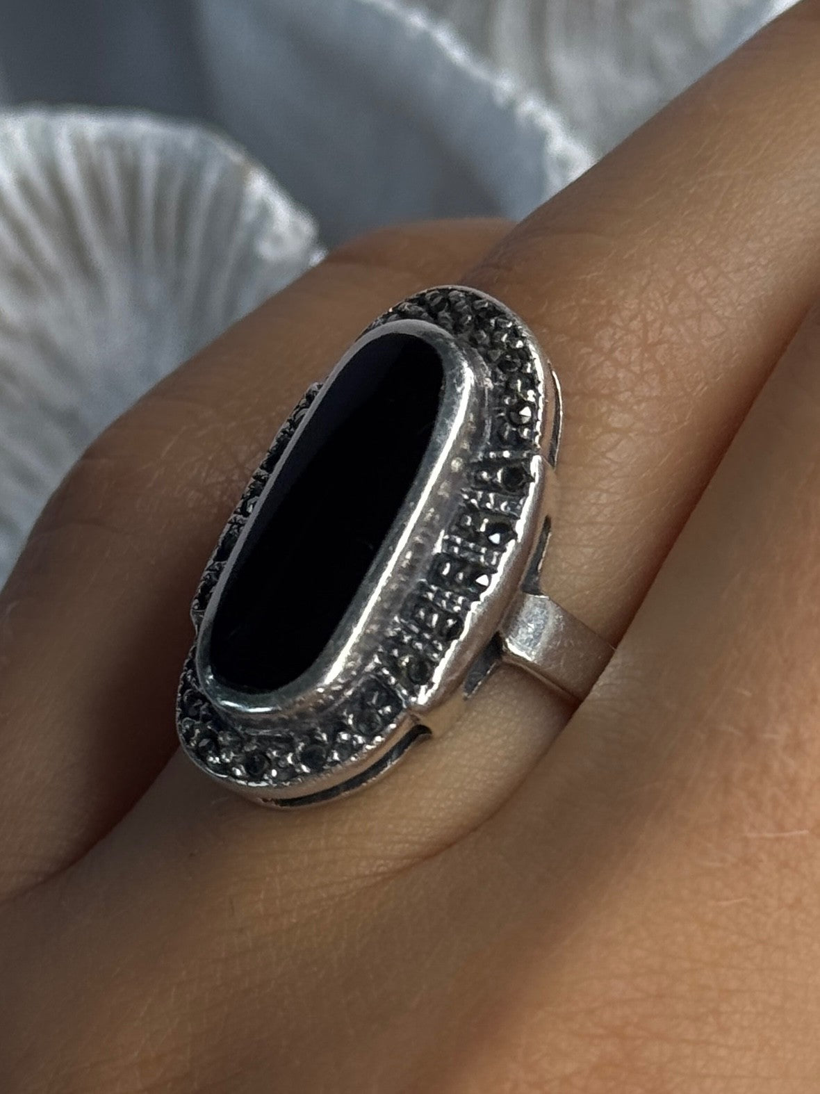 Vintage 925 Sterling Silver Onyx & Marcasite Ring Size 6.5