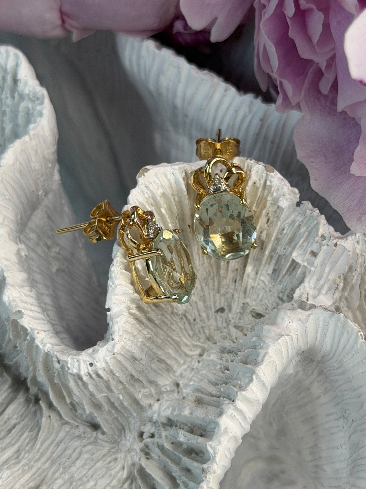 10K Yellow Gold Prasiolite & Diamond Earrings
