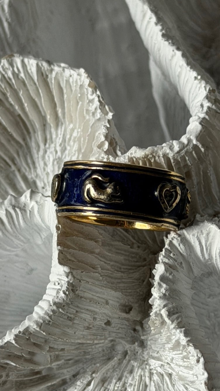 925 Sterling Silver Gold Plated Blue Enamel Cats Ring Size 6