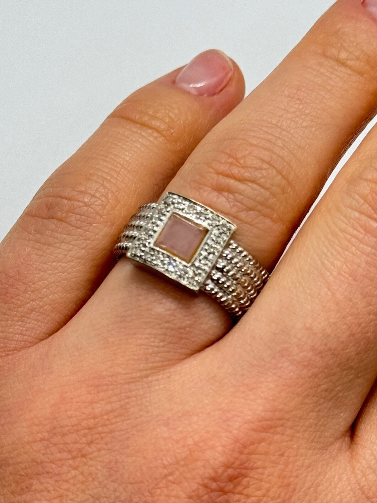 925 Sterling Silver Morganite & Goshenite Ring Size 7