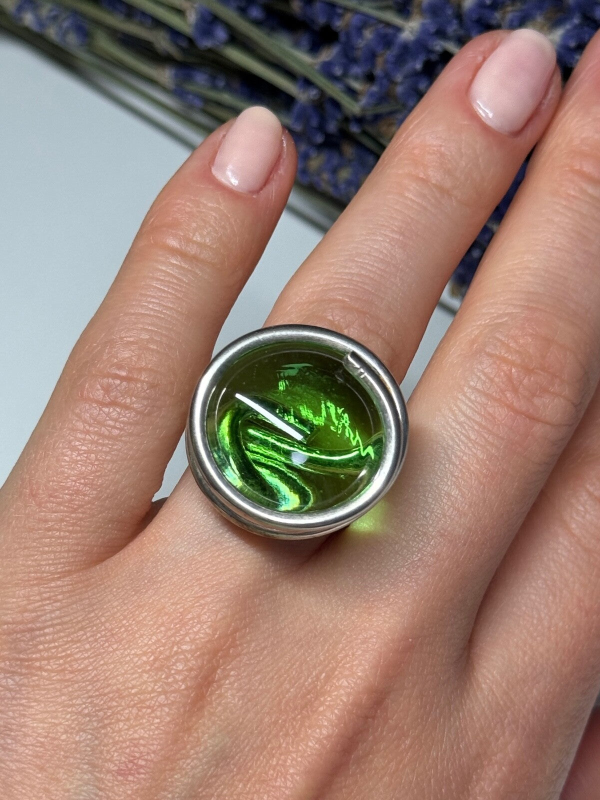 Modern Art Design Green CZ Ring Size 6