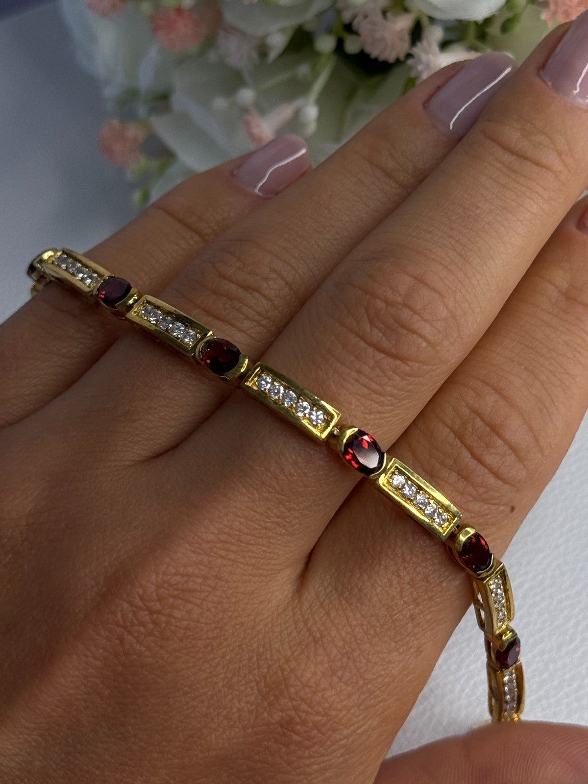 925 Sterling Silver Gold Plated Jjt Garnet & CZ Bracelet Length 7.5