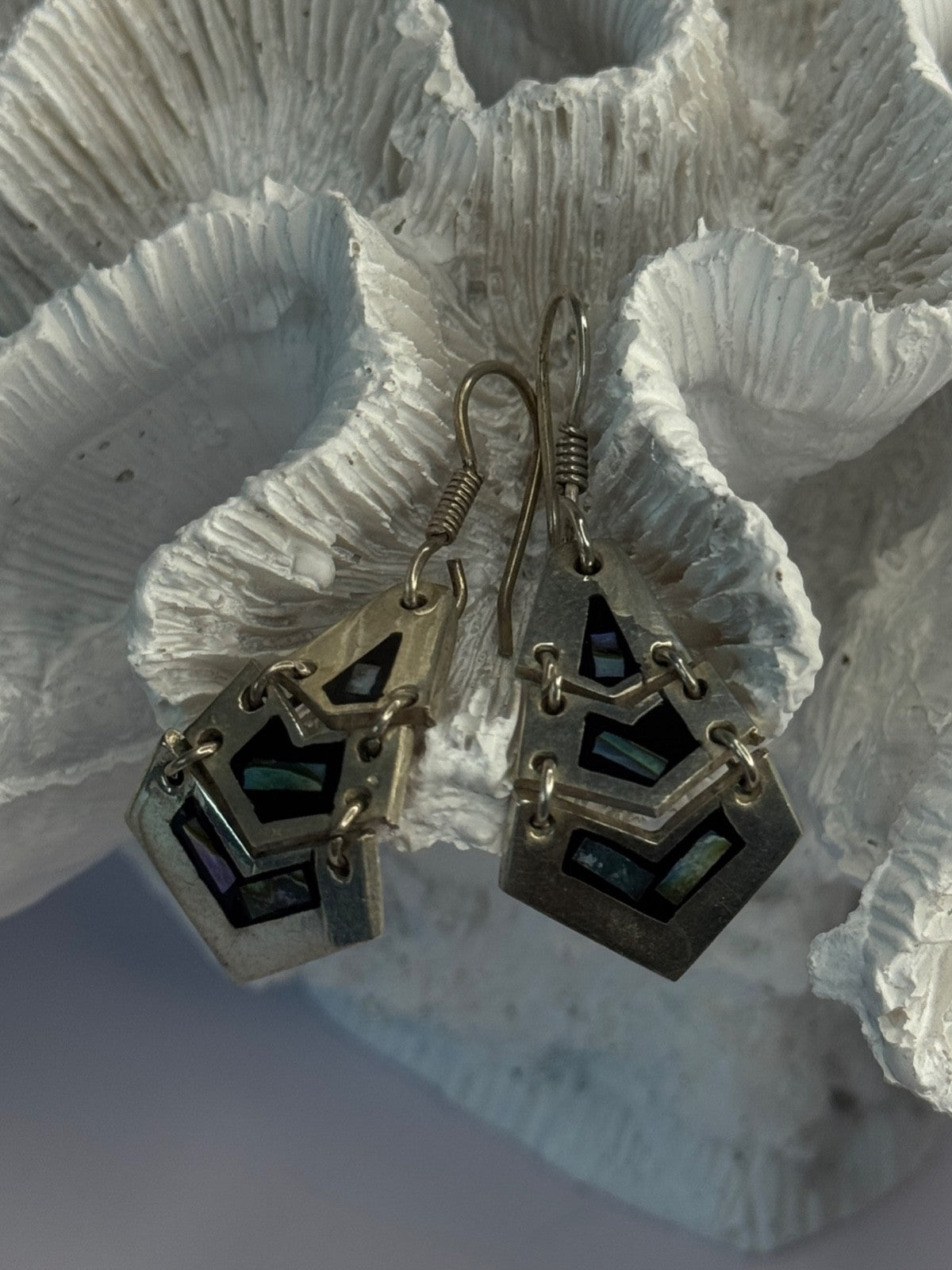 Vintage 925 Sterling Silver Onyx & Abalone Earrings Length 1.90 Inch