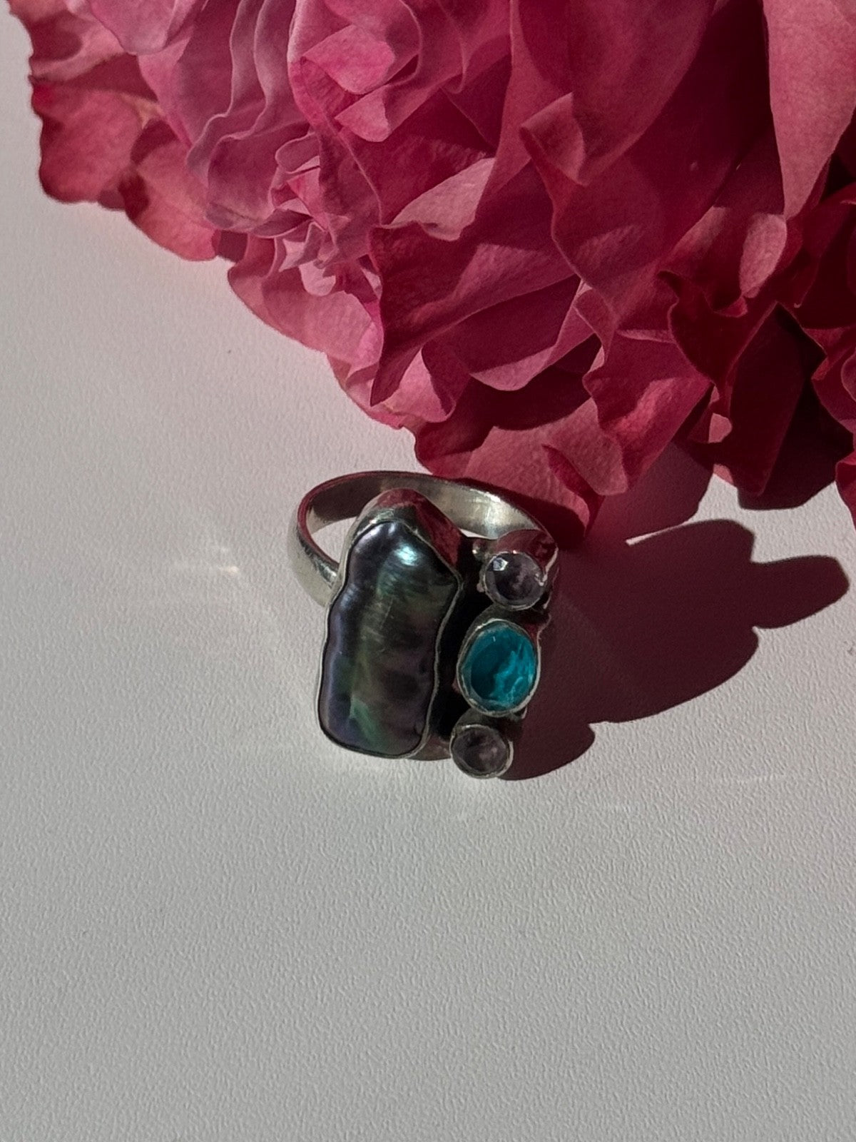 925 Sterling Silver Abalone Amethyst Aquamarine Ring Size 6
