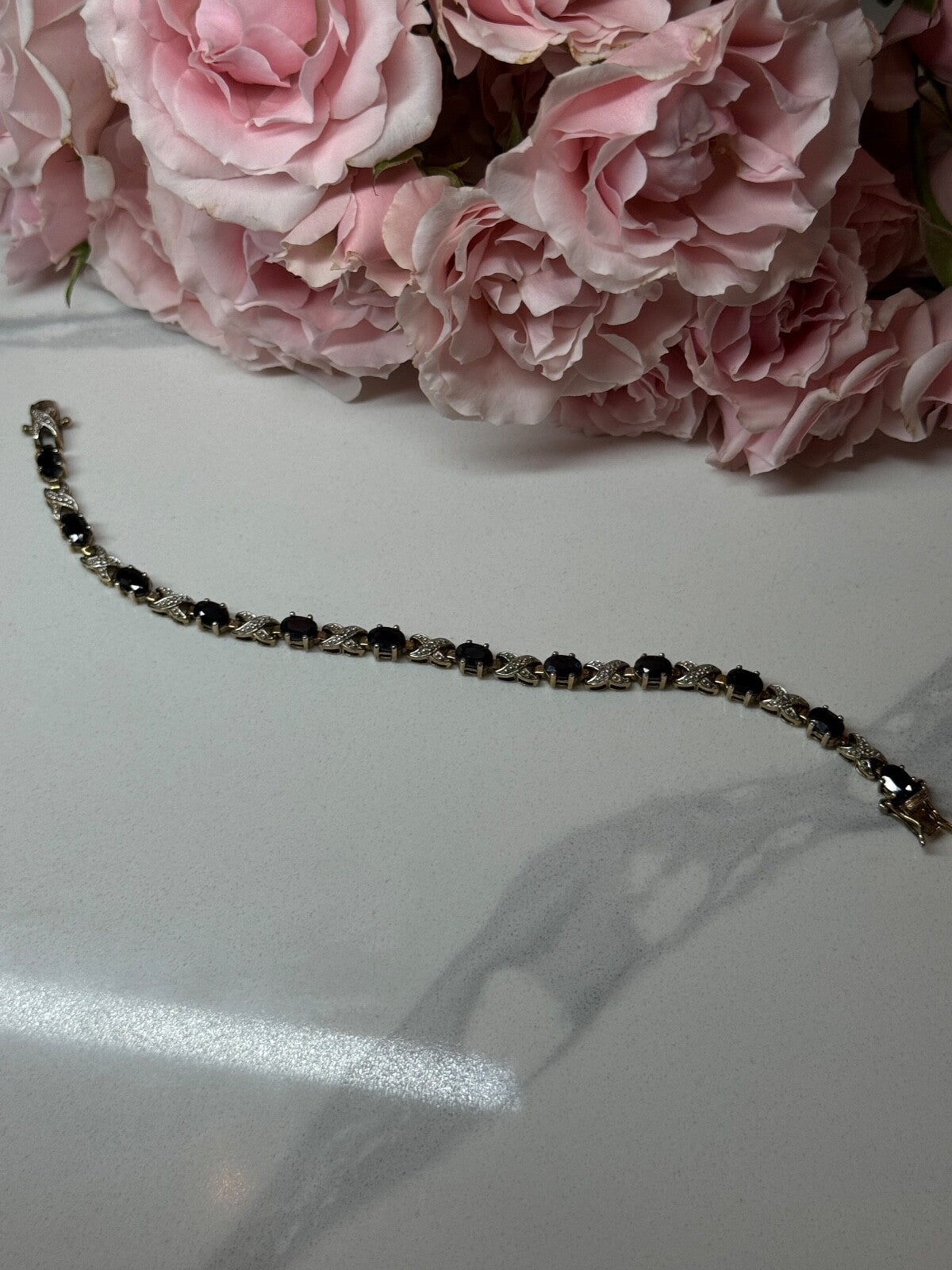 925 Sterling Silver Gold Plated Sapphire Bracelet Length 7.5 in