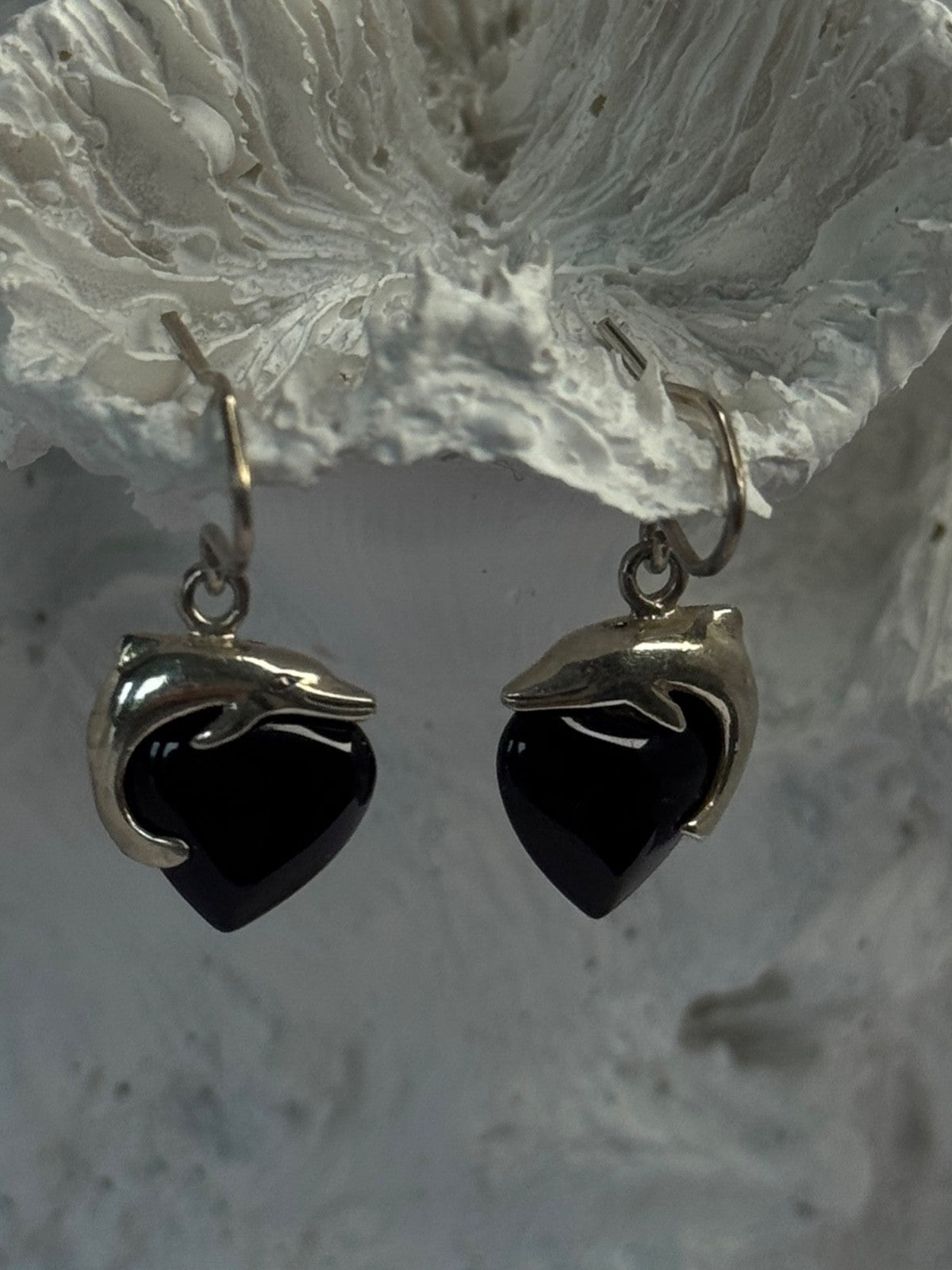 925 Sterling Silver Onyx Heart Dolphin Earrings Length 0.90 Inch