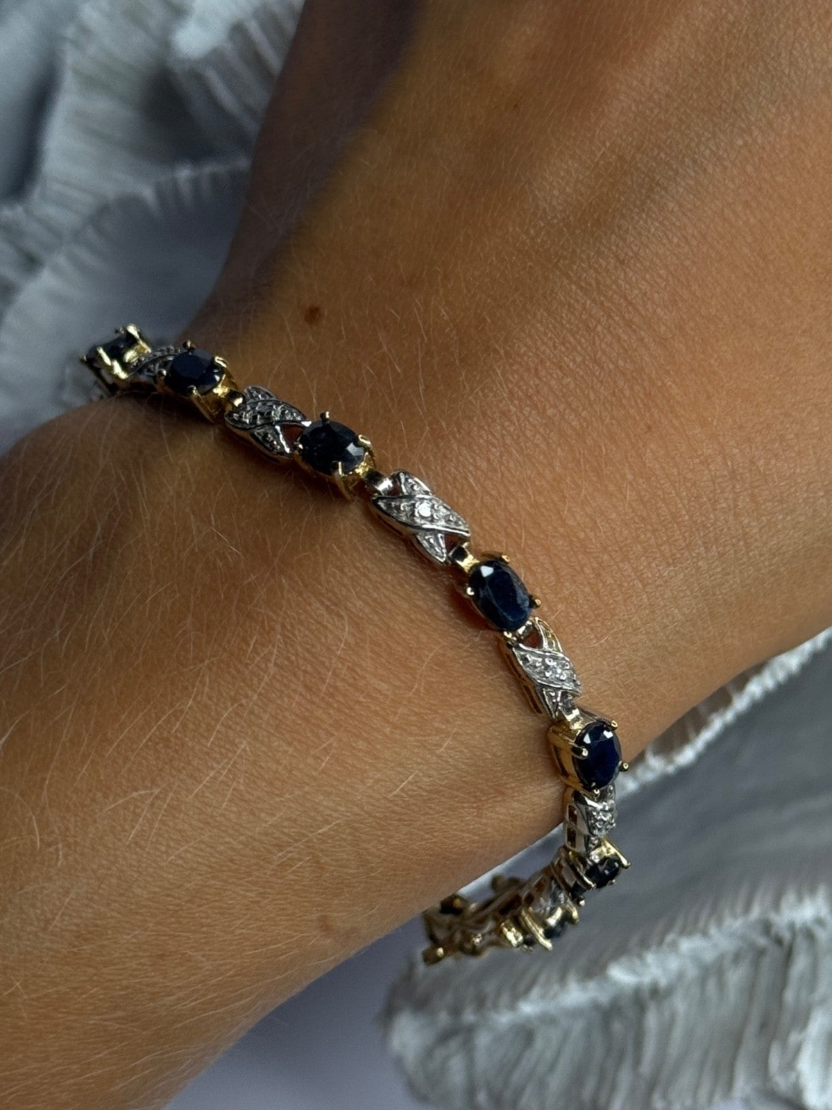 925 Sterling Silver Gold Plated Sapphire & Diamond Bracelet Length 7.5