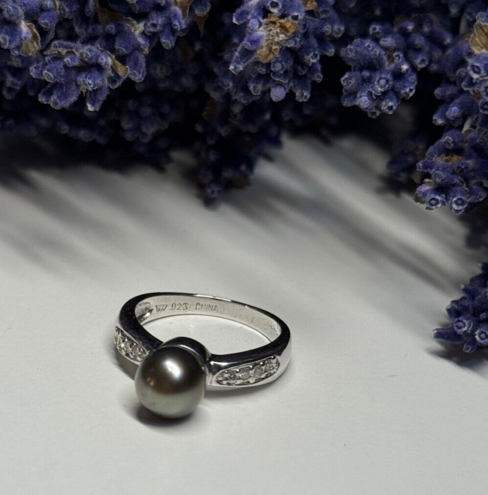 925 Sterling Silver Pearl & Beryl Ring Size 5.5