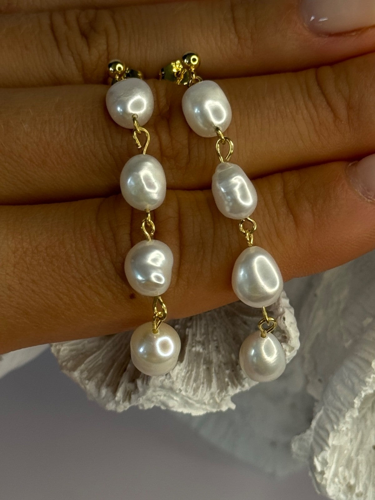 925 Sterling Silver Gold Plated Pearl Earrings Length 2.30 Inch