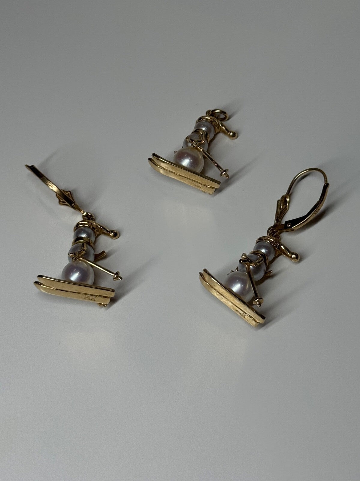14K Yellow Gold Pearls Earrings & Pendant Skiing Snowmens ON Skis