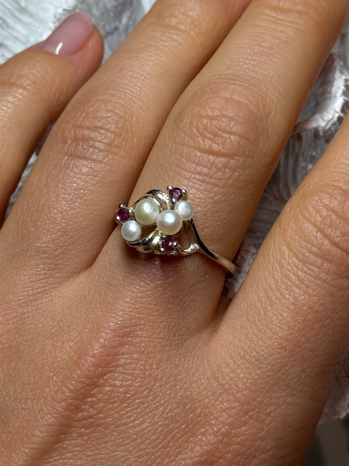 925 Sterling Silver Pearls & Ruby Ring Size 8