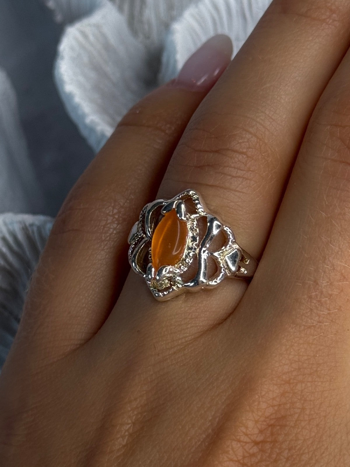 925 Sterling Silver Orange Agate Ring Size 6.5