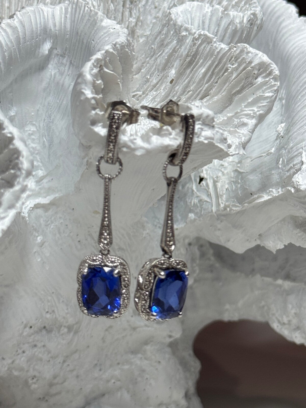 925 Sterling Silver Sapphire Earrings Length 1.5 Inch