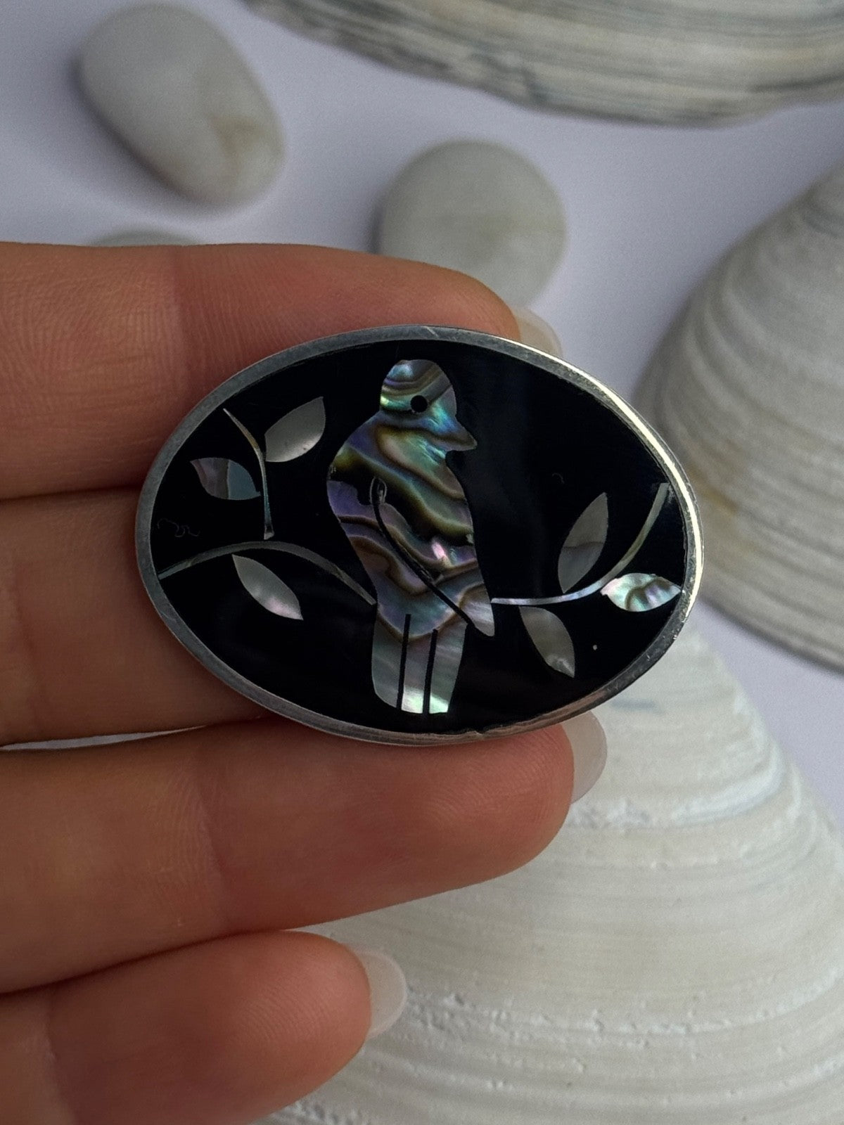 Vintage 925 Sterling Silver Abalone Bird Brooch Length 1.10 Inch