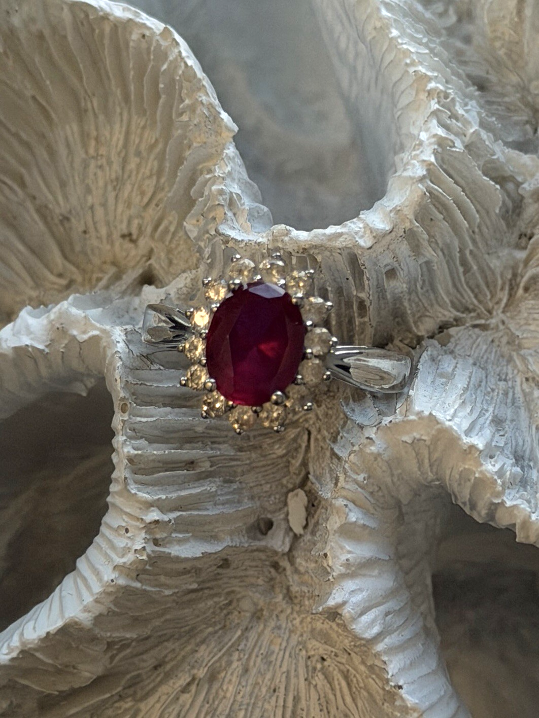 925 Sterling Silver Ruby & Beryl Flower Ring Size 7