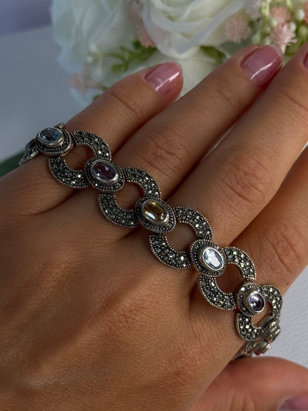 925 Sterling Silver Amethyst Citrine Topaz Marcasite Bracelet Length 7.5 Inch