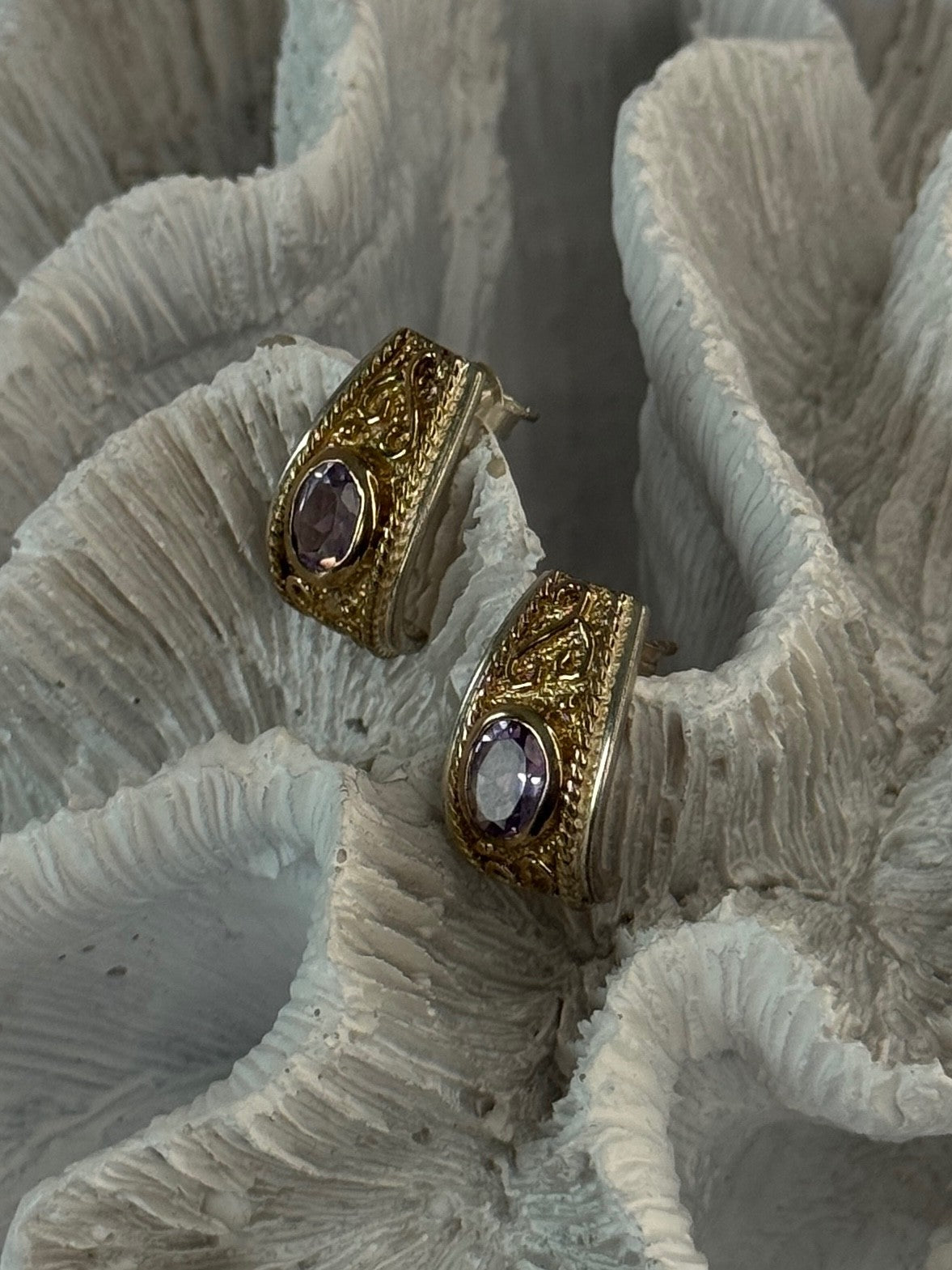 925 Sterling Silver Gold Plated Part Amethyst Earrings Length 0.70 Inch