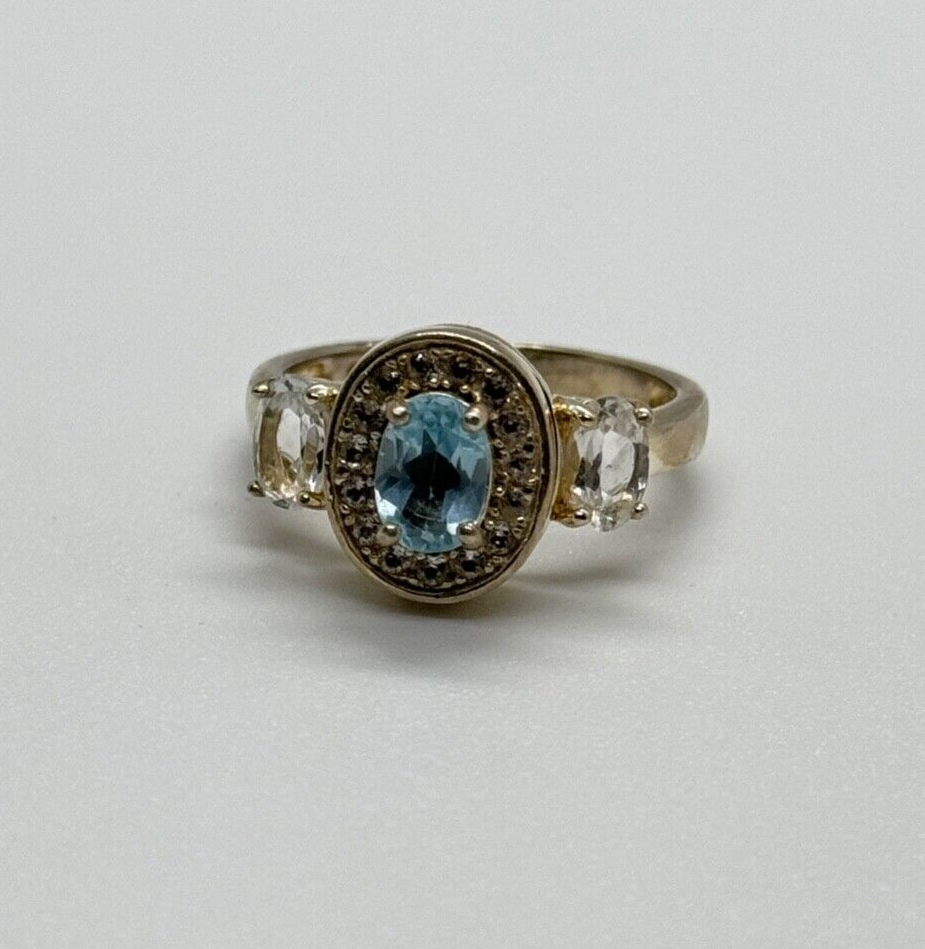 925 Sterling Silver Blue & White Topaz Ring Size 7.5