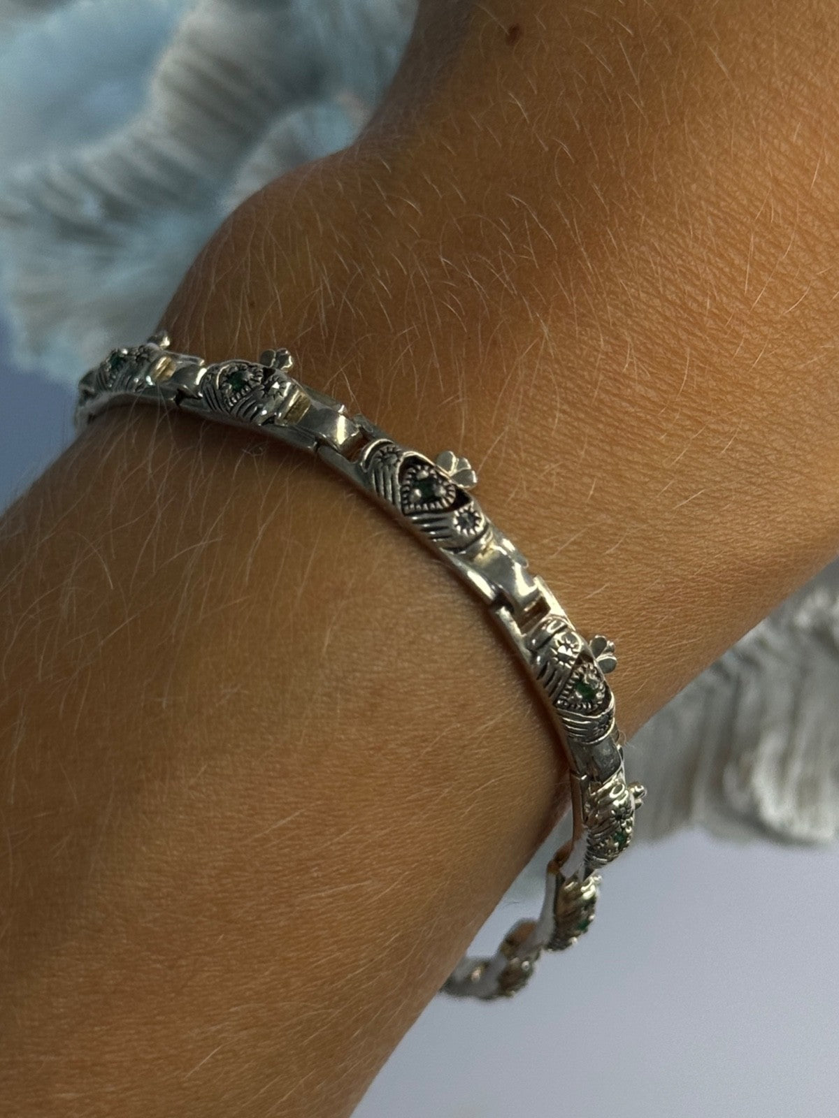 Vintage 925 Sterling Silver Heart Emerald & Marcasite Bracelet Length 7