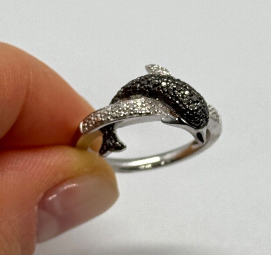 925 Sterling Silver Marcasite & CZ Dolphin Ring Size 6
