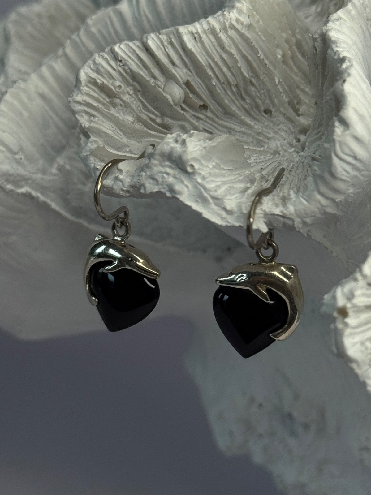925 Sterling Silver Onyx Heart Dolphin Earrings Length 0.90 Inch
