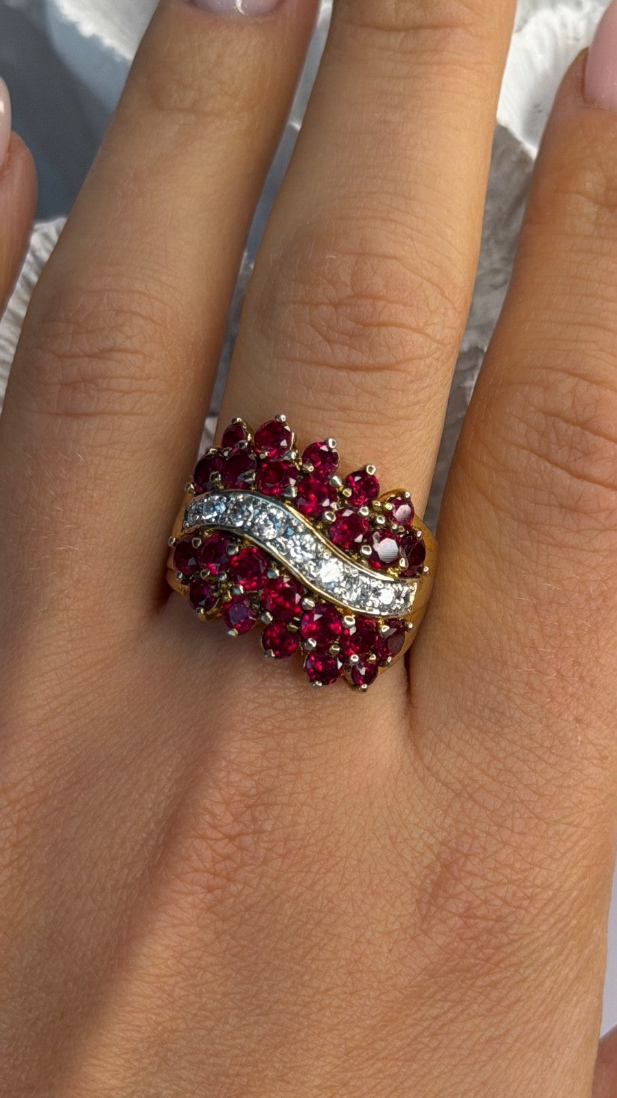 925 Sterling Silver Gold Plated Red & White Spinel Ring Size 9