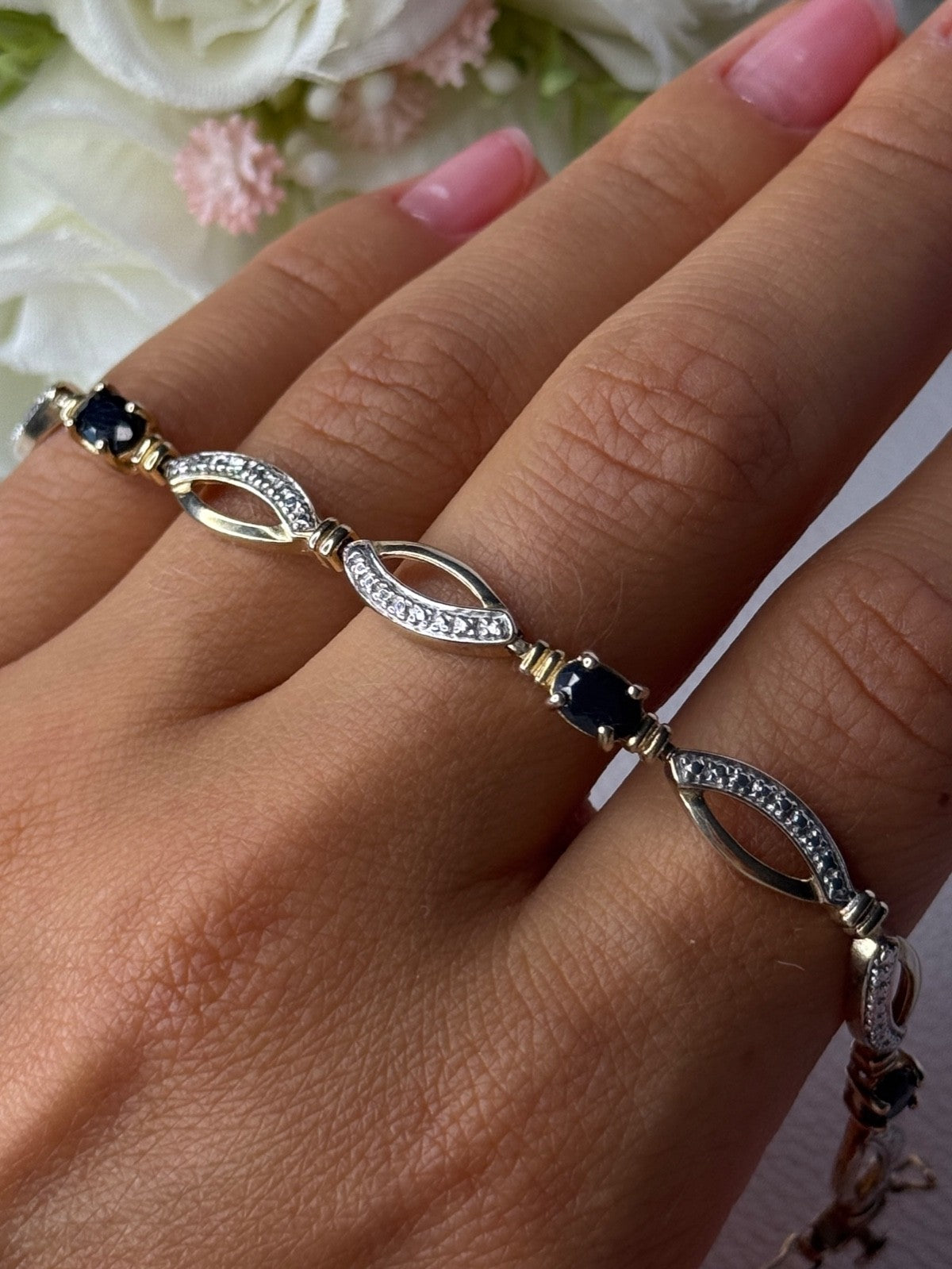 Dl 925 Sterling Silver Gold Plated Sapphire Bracelet Length 7.5 Inch