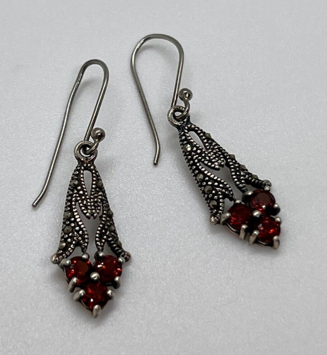 925 STERLING SILVER GARNET & MARCASITE EARRINGS