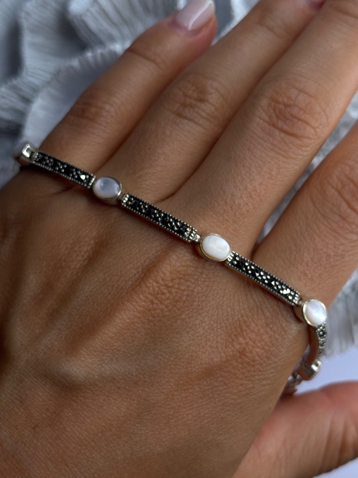 925 Sterling Silver Pink Abalone & Marcasite Bracelet Length 7.5