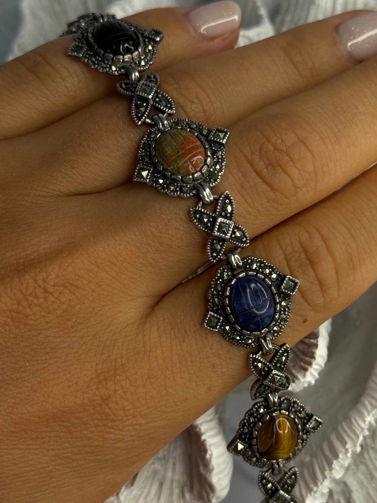 Vintage 925 Sterling Silver Multi Color Stones Bracelet Lenght 8