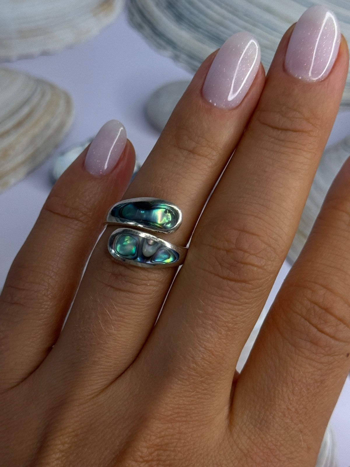 925 Sterling Silver Abalone Ring Size 7.5 Sizable Design