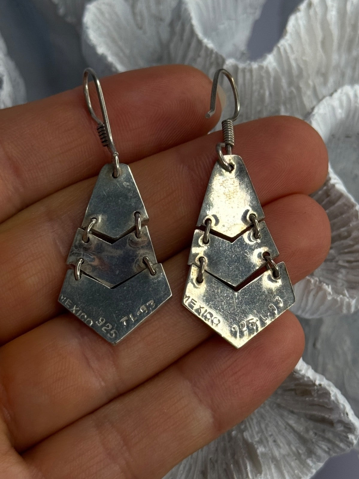 Vintage 925 Sterling Silver Onyx & Abalone Earrings Length 1.90 Inch
