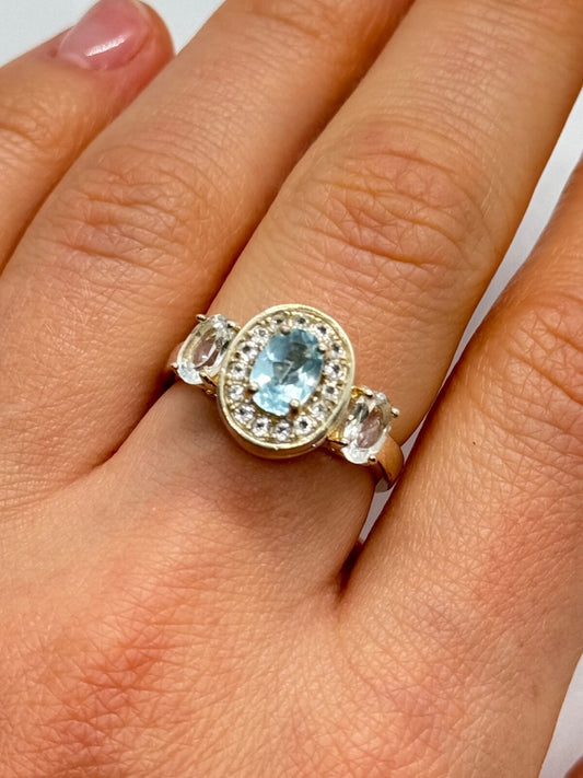 925 Sterling Silver Blue & White Topaz Ring Size 7.5