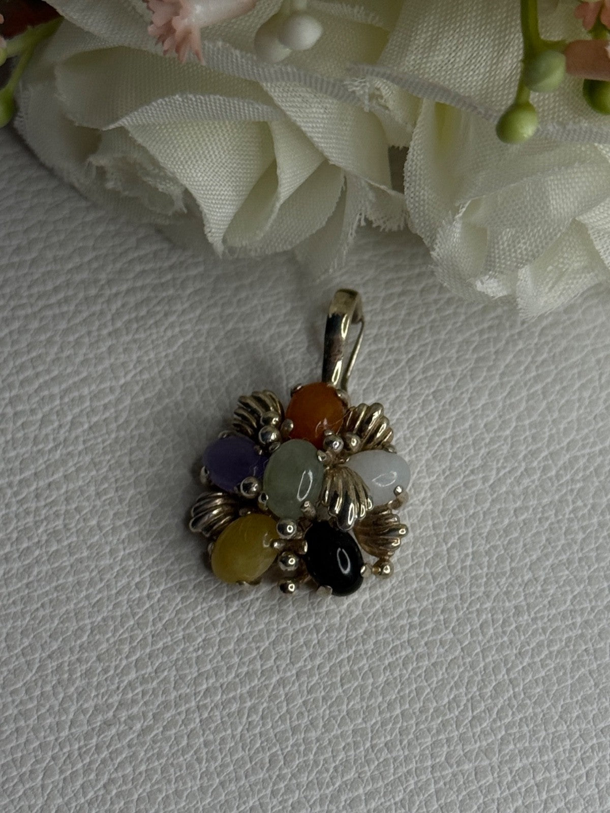 925 Sterling Silver Multi Color Jade Pendant Length 1.20 Inch