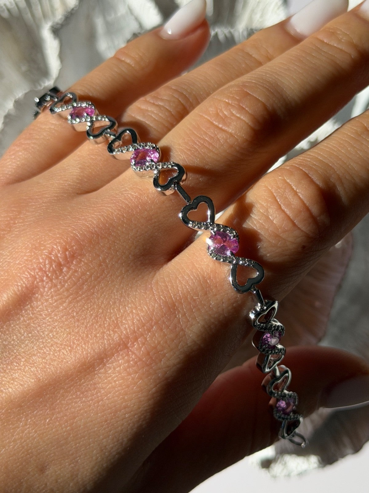 925 Sterling Silver Pink & White Spinel Heart Bracelet