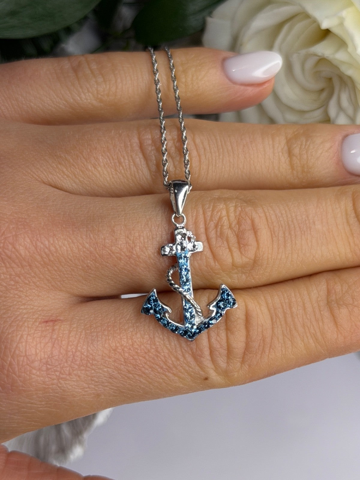 925 Sterling Silver Anchor Cz Necklace Length 19 in