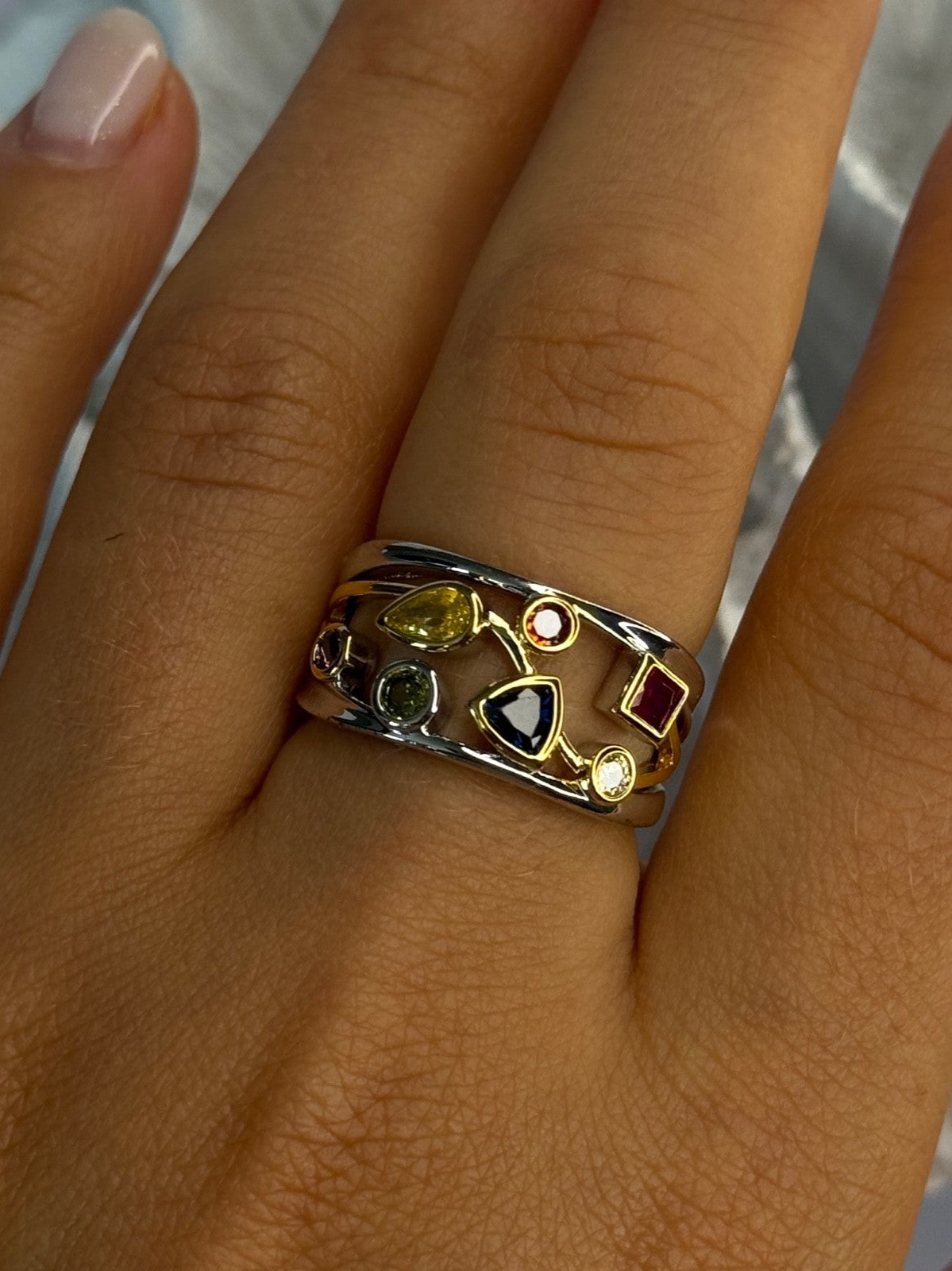 925 Sterling Silver Gold Plated Part Multi Color Gemstones Ring Size 8